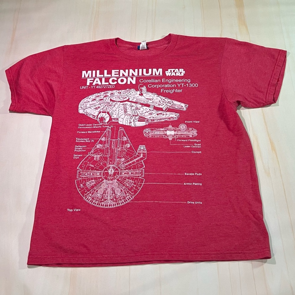 Star Wars Mens Large Millennium Falcon Shirt Blueprints Red